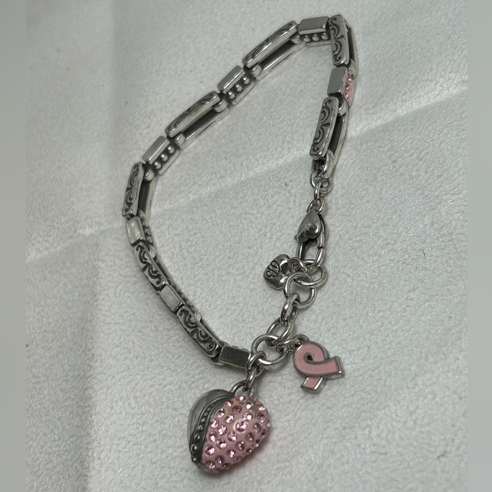 Brighton Power of Pink Bracelet Silver Plated Pink Crystals Heart Charm 8" - Picture 2 of 8